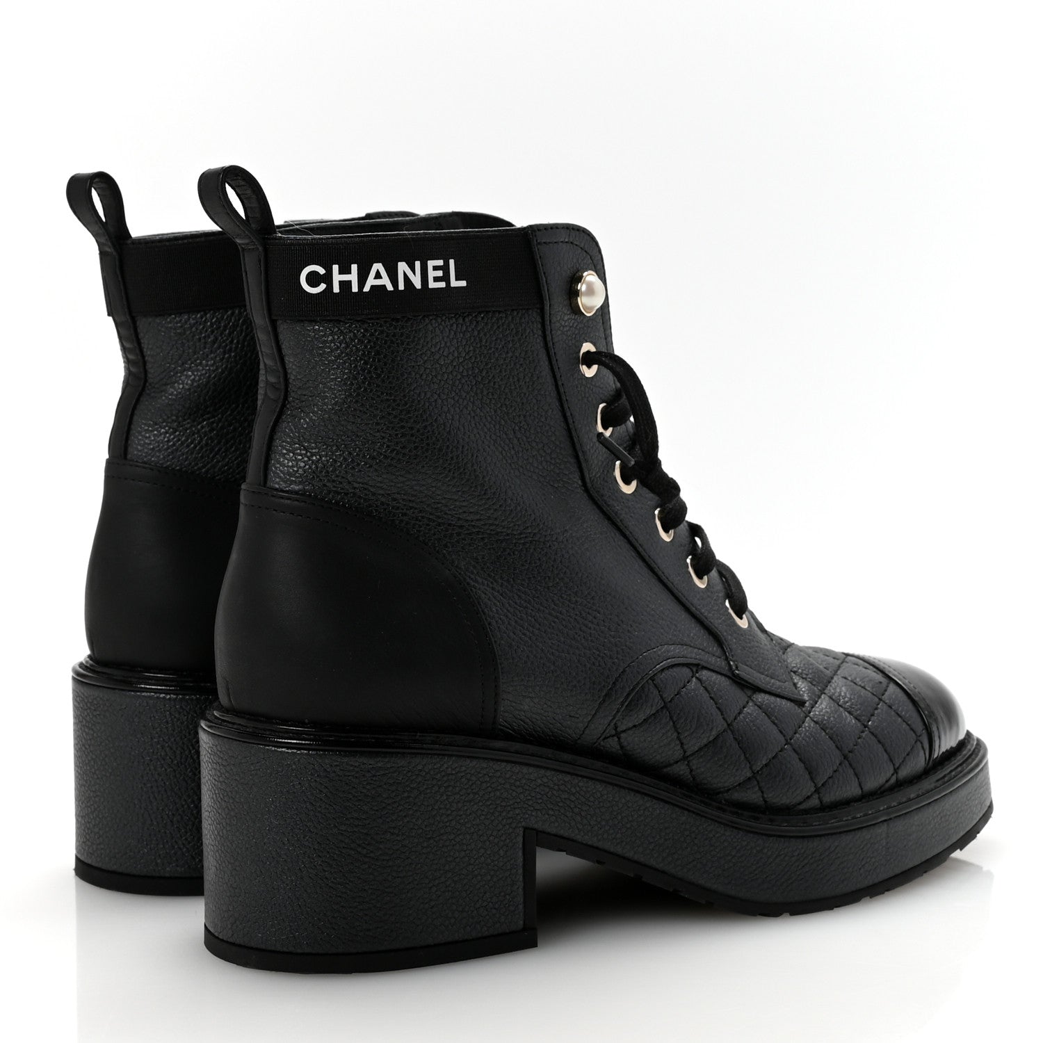 Chanel Pearly Calfskin Patent Calfskin Lace Up Combat Boots 37 Black 5 of 9