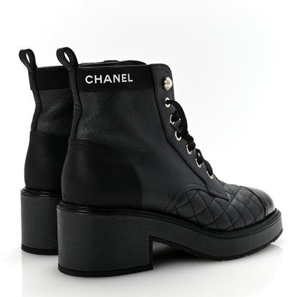 Chanel Pearly Calfskin Patent Calfskin Lace Up Combat Boots 37 Black 5 of 9
