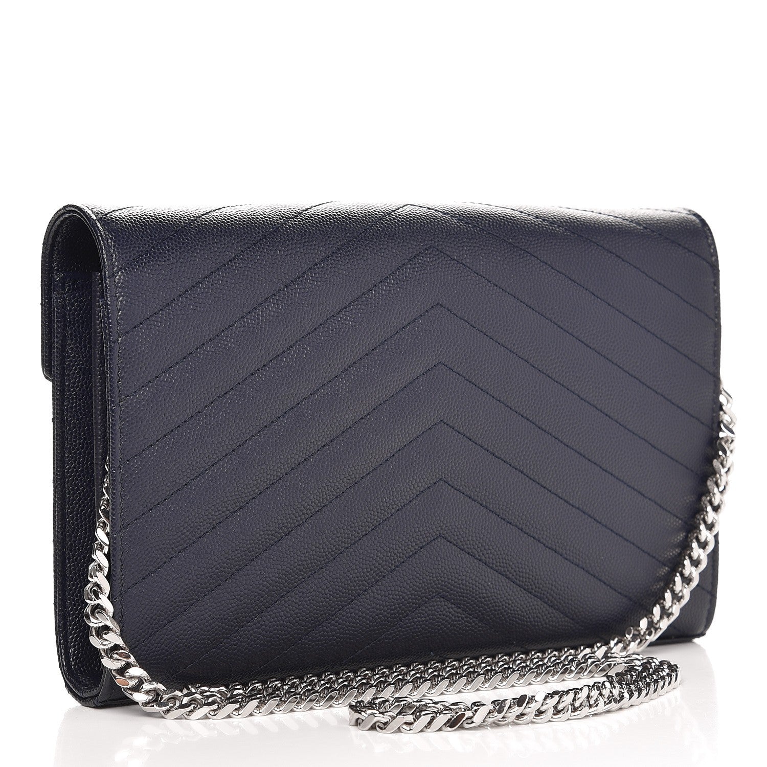 Saint Laurent Grain De Poudre Matelasse Chevron Monogram Chain Wallet Deep Marine 3 of 7
