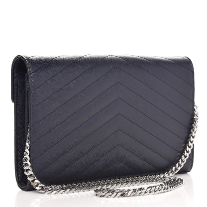 Saint Laurent Grain De Poudre Matelasse Chevron Monogram Chain Wallet Deep Marine 3 of 7