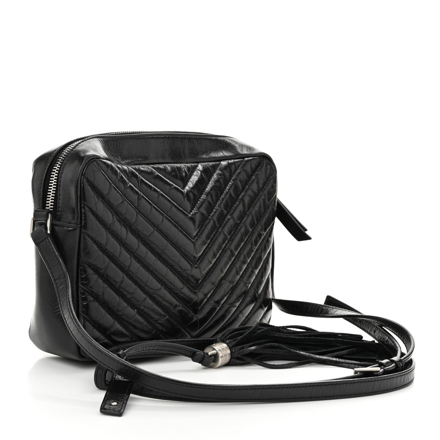 Saint Laurent Cracked Shiny Calfskin Matelasse Monogram Lou Camera Bag Black 3 of 11