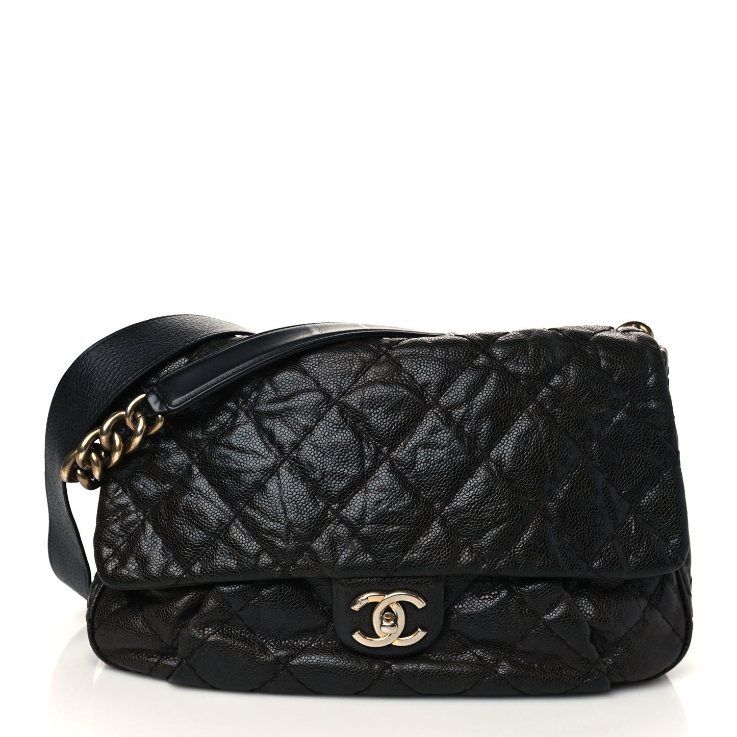 Crumpled Grained Calfskin Medium Coco Pleats Messenger Flap Black