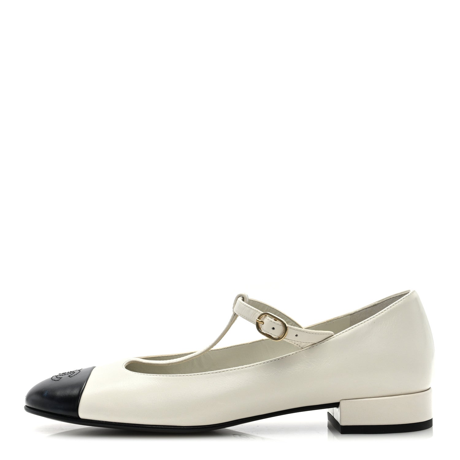 Chanel Calfskin Cap Toe T Strap CC Flats 39.5 Ivory Black 1 of 8