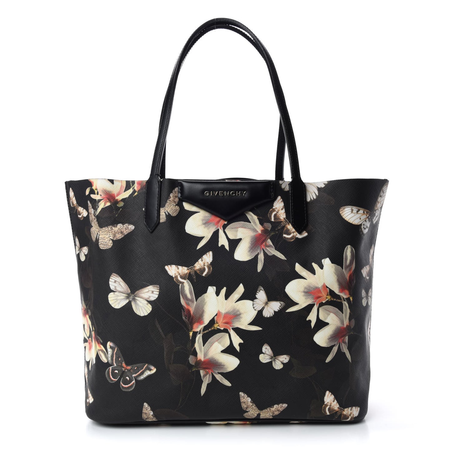 Coated Canvas Magnolia and Moth Print Medium Antigona Tote Black