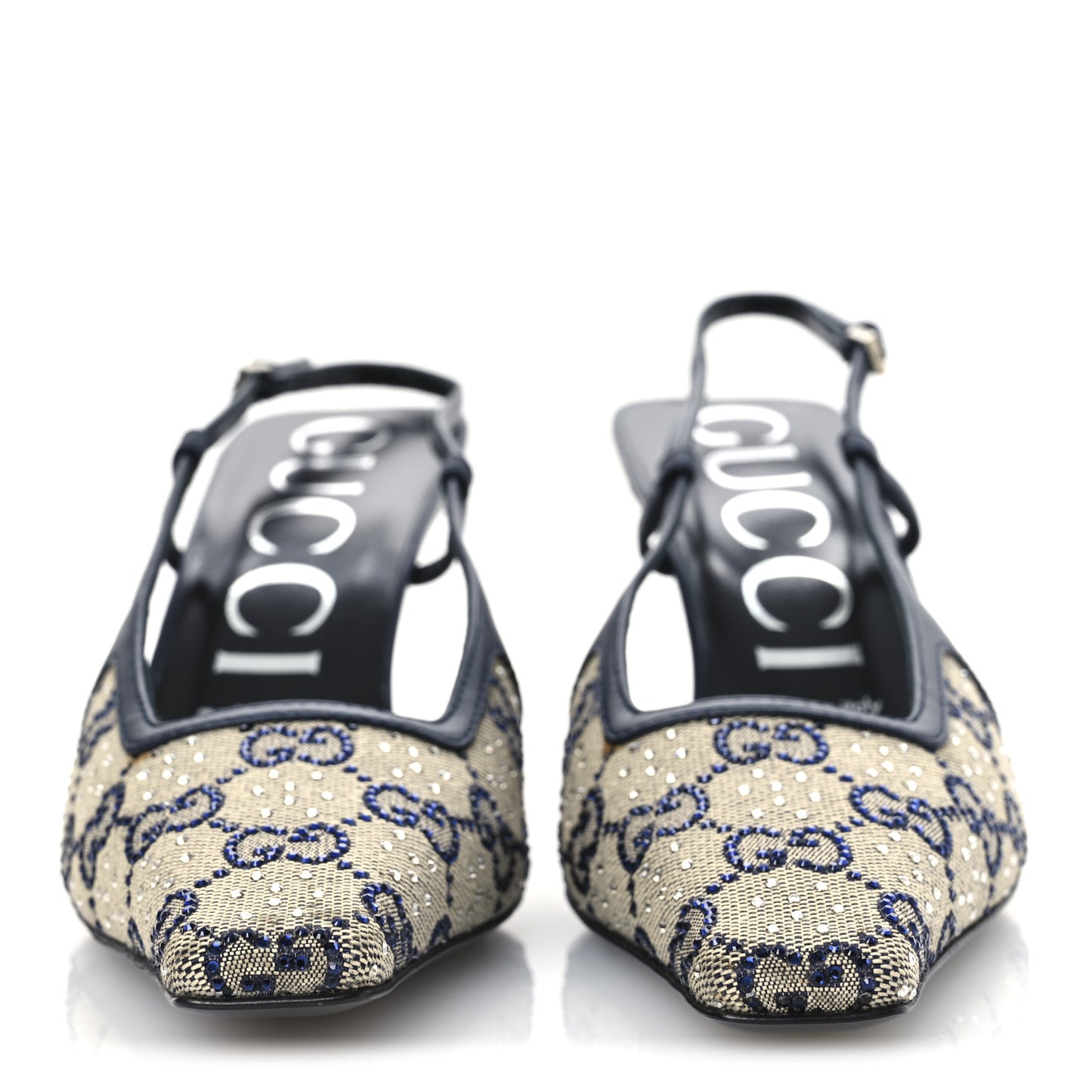 GG Monogram Malaga Kid Crystal Square G 75mm Slingback Pumps 37.5 Beige Blue