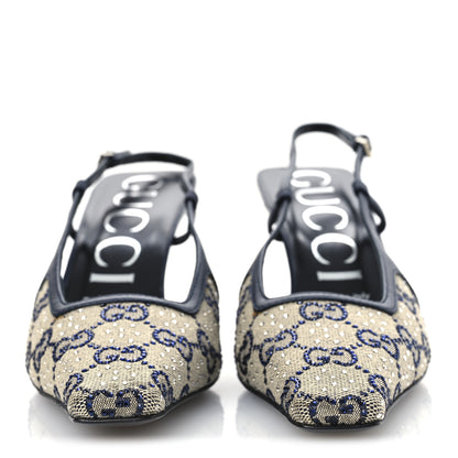 Gucci GG Monogram Malaga Kid Crystal Square G 75mm Slingback Pumps 37.5 Beige Blue 3 of 15