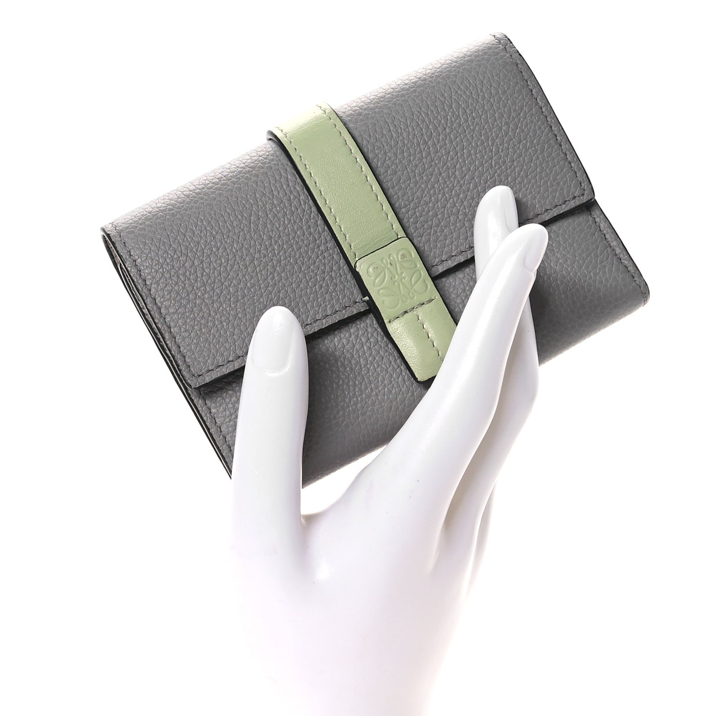 Grained Calfskin Small Vertical Wallet Pearl Grey Light Pale Green