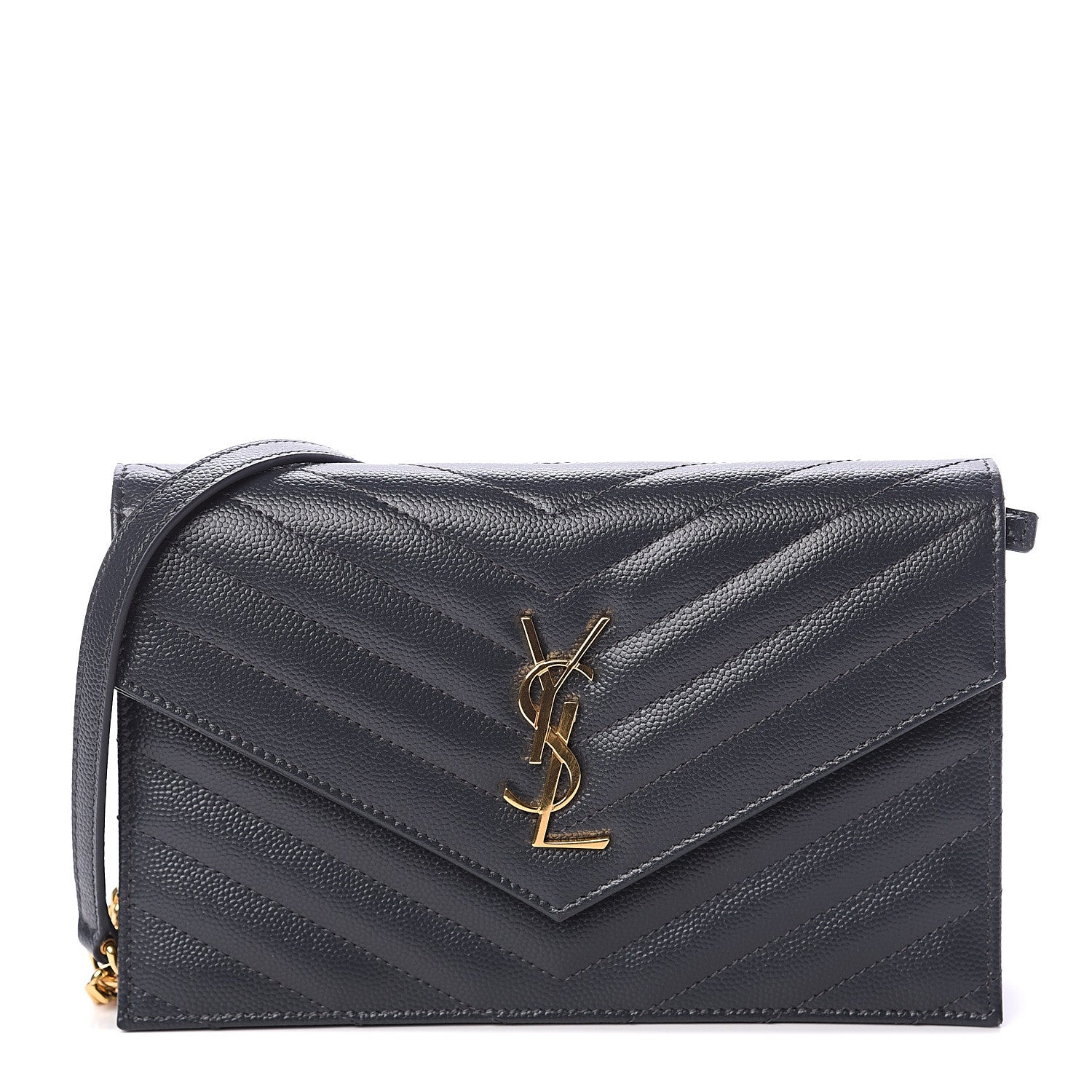 Saint Laurent Grain De Poudre Matelasse Chevron Monogram Envelope Chain Wallet Dark Smog 1 of 7
