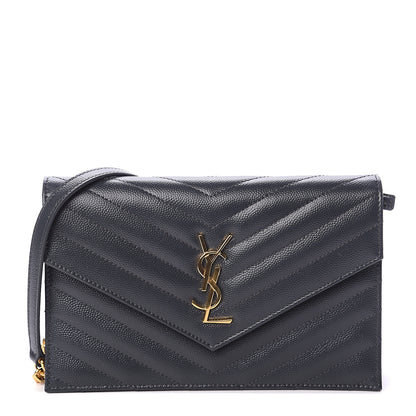 Saint Laurent Grain De Poudre Matelasse Chevron Monogram Envelope Chain Wallet Dark Smog 1 of 7