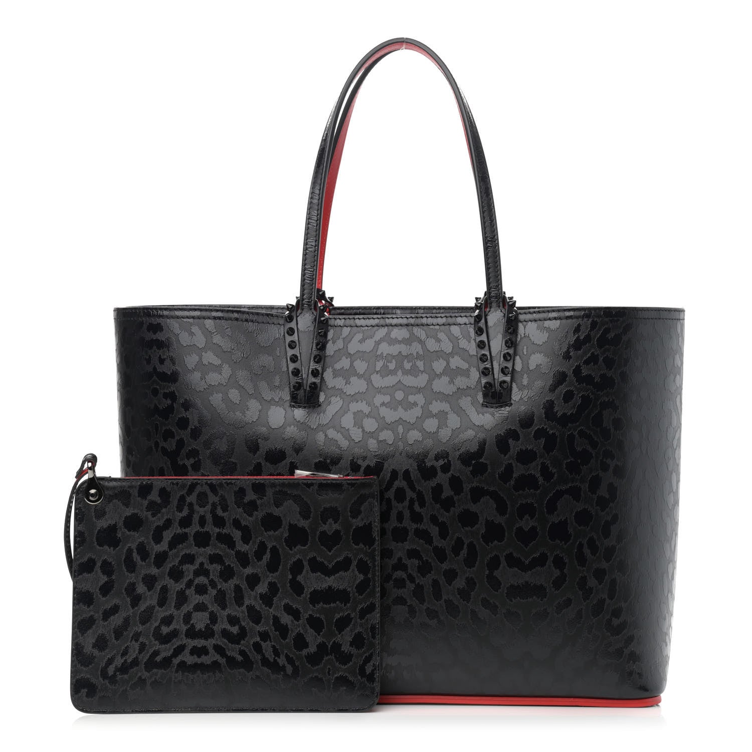 Christian Louboutin Patent Calfskin Leopard Print Spikes East West Cabata Tote Black 1 of 11