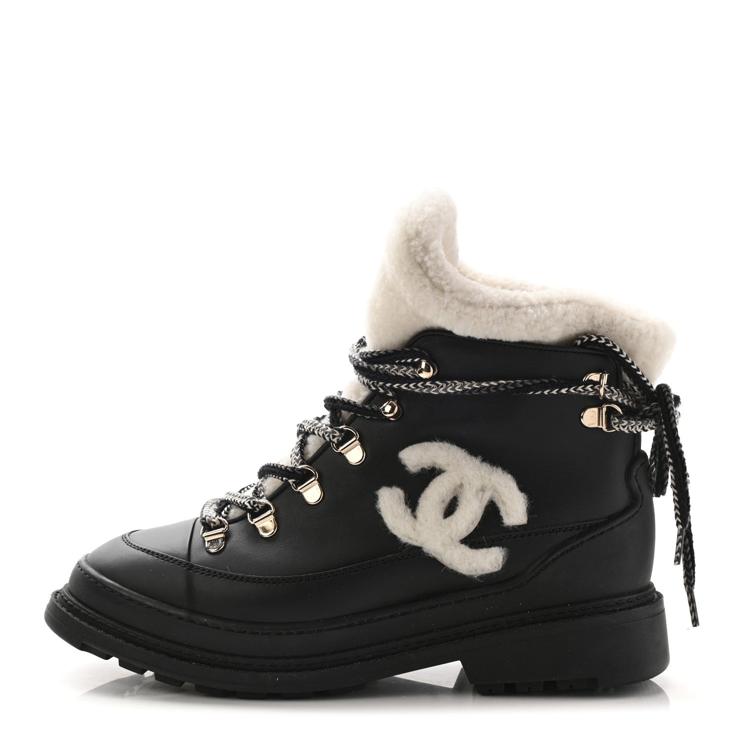 Chanel Calfskin Shearling CC Lace Up Boots 37 Black White 1 of 7