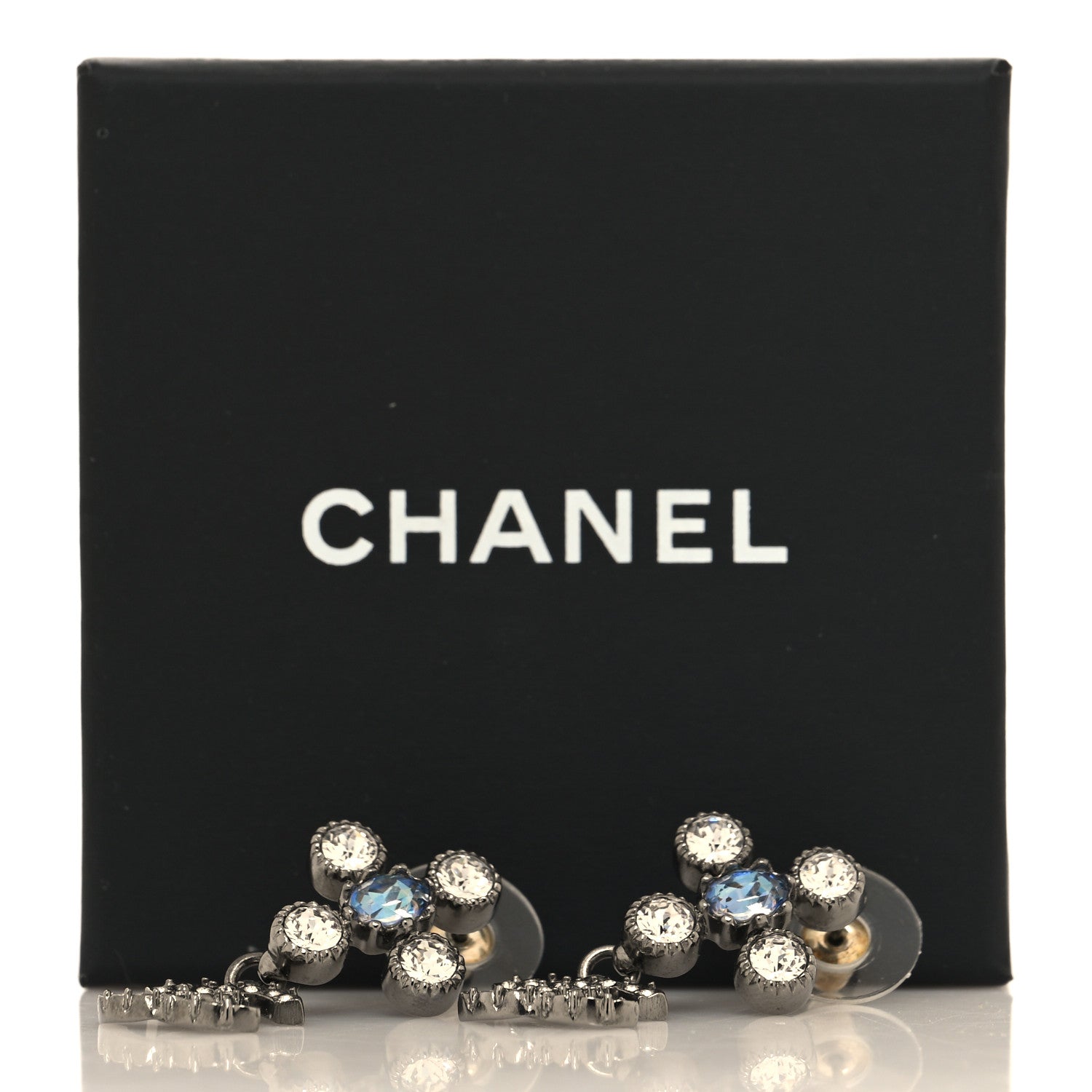 Chanel Ruthenium Crystal CC Drop Earrings Blue 5 of 5