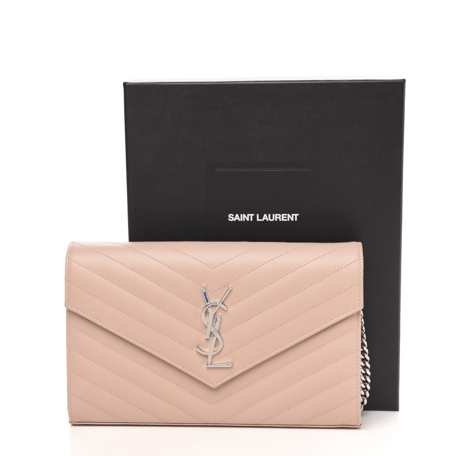 Saint Laurent Grain De Poudre Matelasse Chevron Monogram Chain Wallet Pale Pink 11 of 11