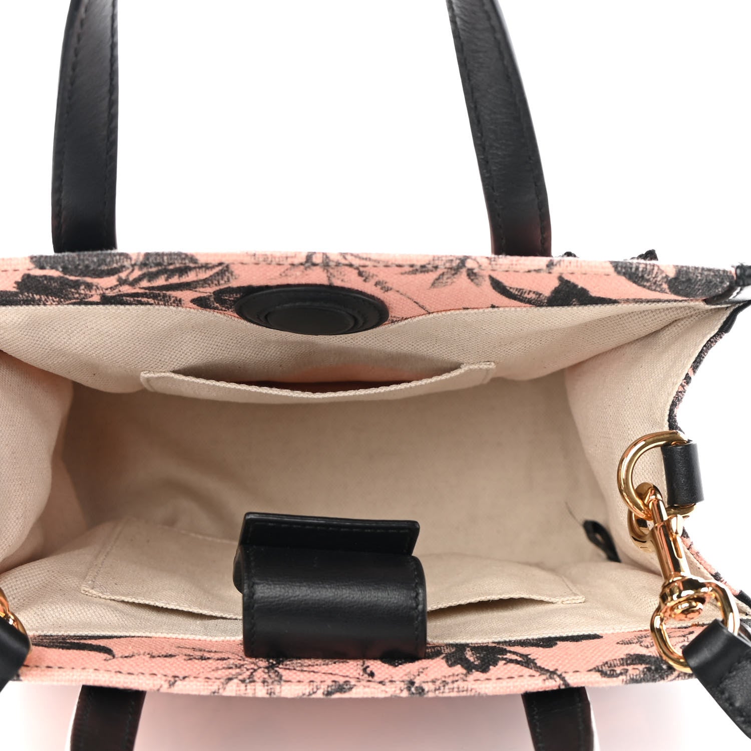 Gucci Canvas Herbarium Print Ribbon Top Handle Bag Pink Black 5 of 9