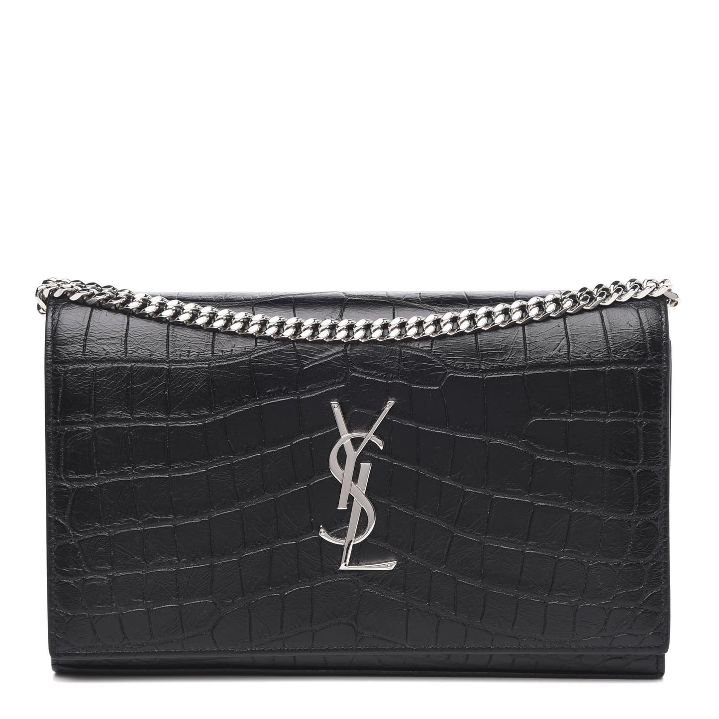 Crocodile Embossed Calfskin Monogram Chain Wallet Black