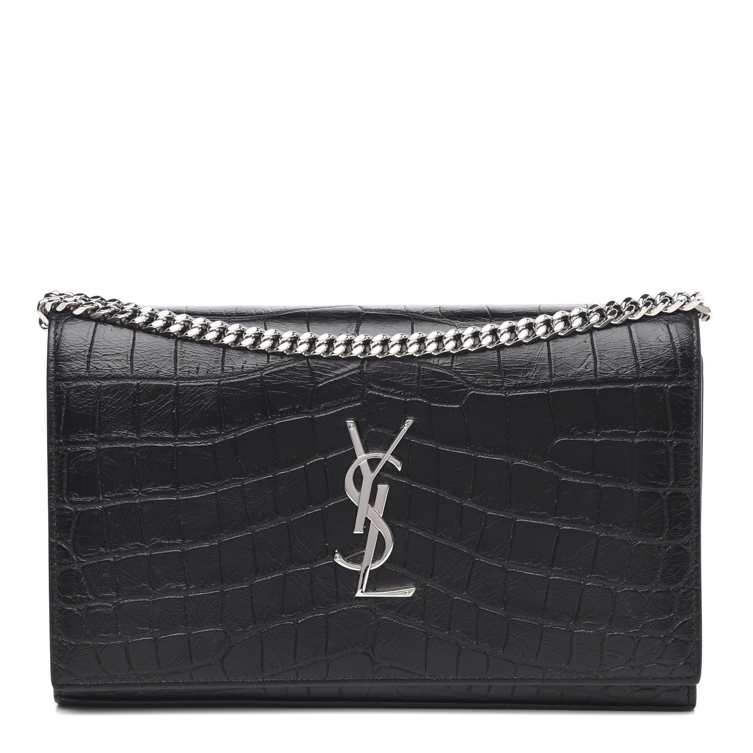 Saint Laurent Crocodile Embossed Calfskin Monogram Chain Wallet Black 1 of 9
