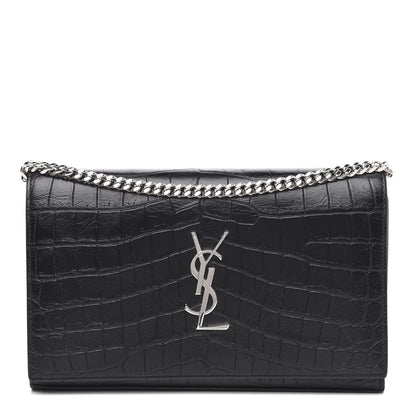 Saint Laurent Crocodile Embossed Calfskin Monogram Chain Wallet Black 1 of 9