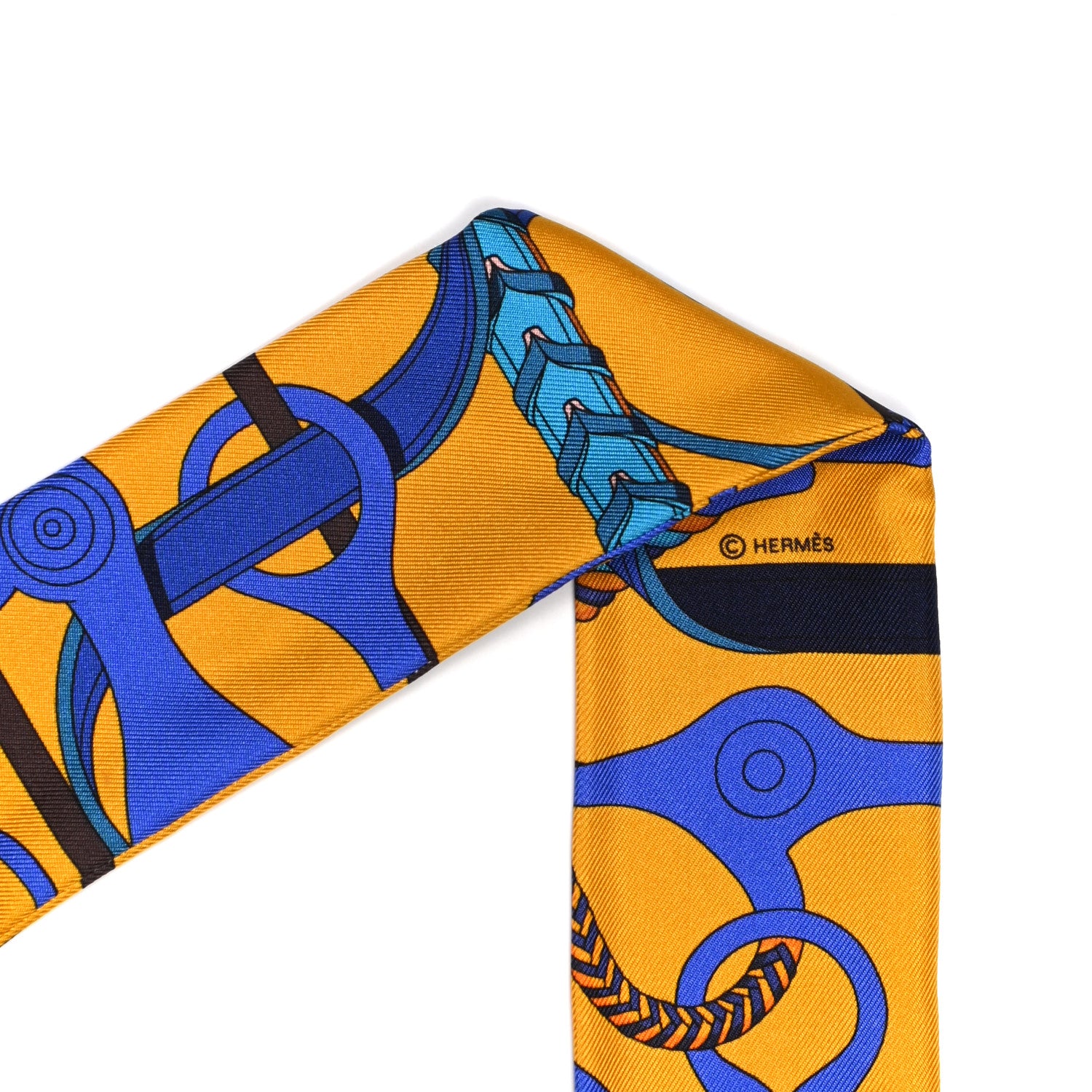 Hermes Silk Panoplie Equestre Fringed Twilly Curry Bleu 2 of 4