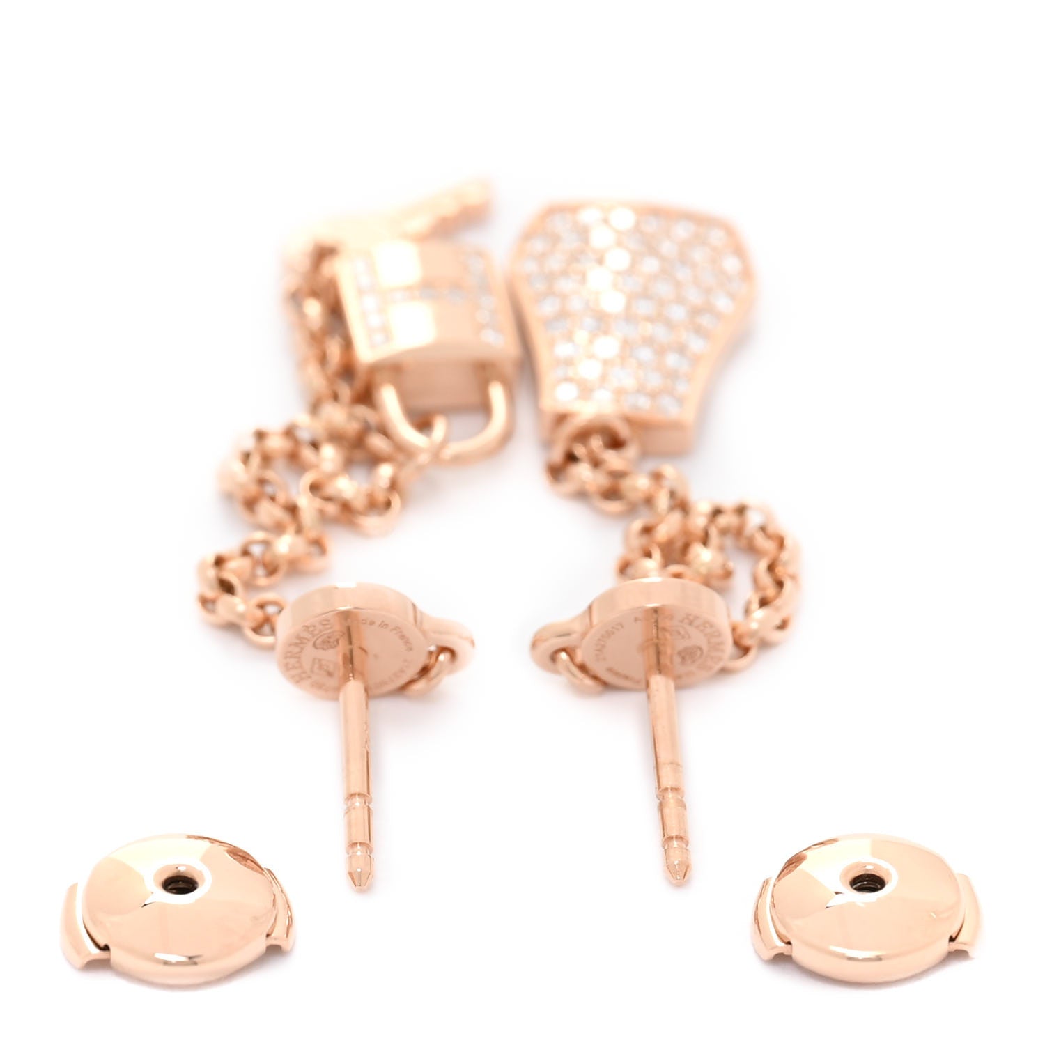 Hermes 18K Rose Gold Diamond Kelly Clochette Drop Earrings 4 of 6
