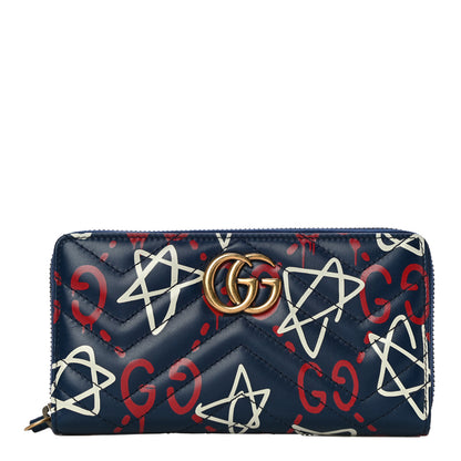 Gucci Calfskin Matelasse GucciGhost GG Marmont Zip Around Wallet Blue Agata Hibiscus Red 1 of 12
