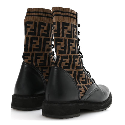 Fendi Calfskin Stretch Fabric FF Rockoko Biker Boots 40 Black Tobacco 5 of 7