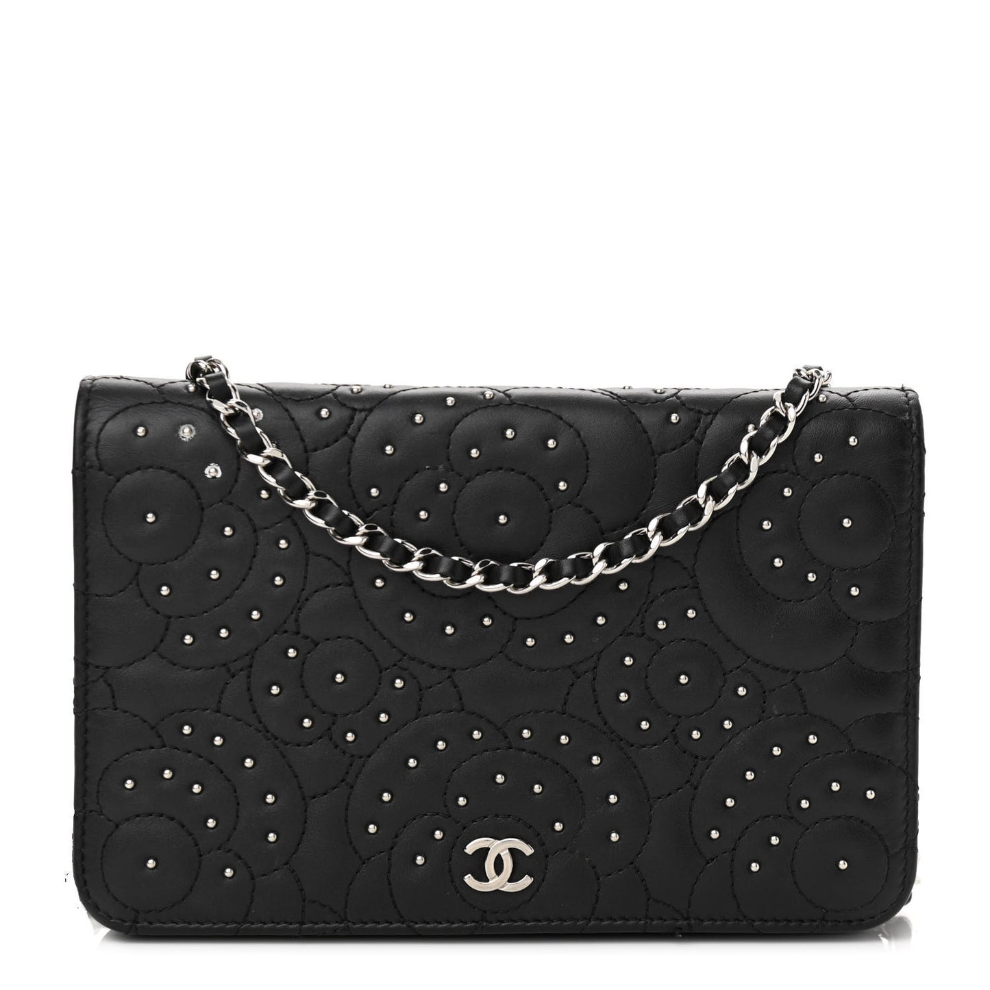 Lambskin Camellia Studded Wallet on Chain WOC Black