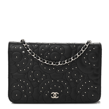 Chanel Lambskin Camellia Studded Wallet on Chain WOC Black 1 of 12
