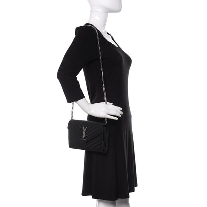 Saint Laurent Grain De Poudre Matelasse Chevron Monogram Chain Wallet Black 2 of 13