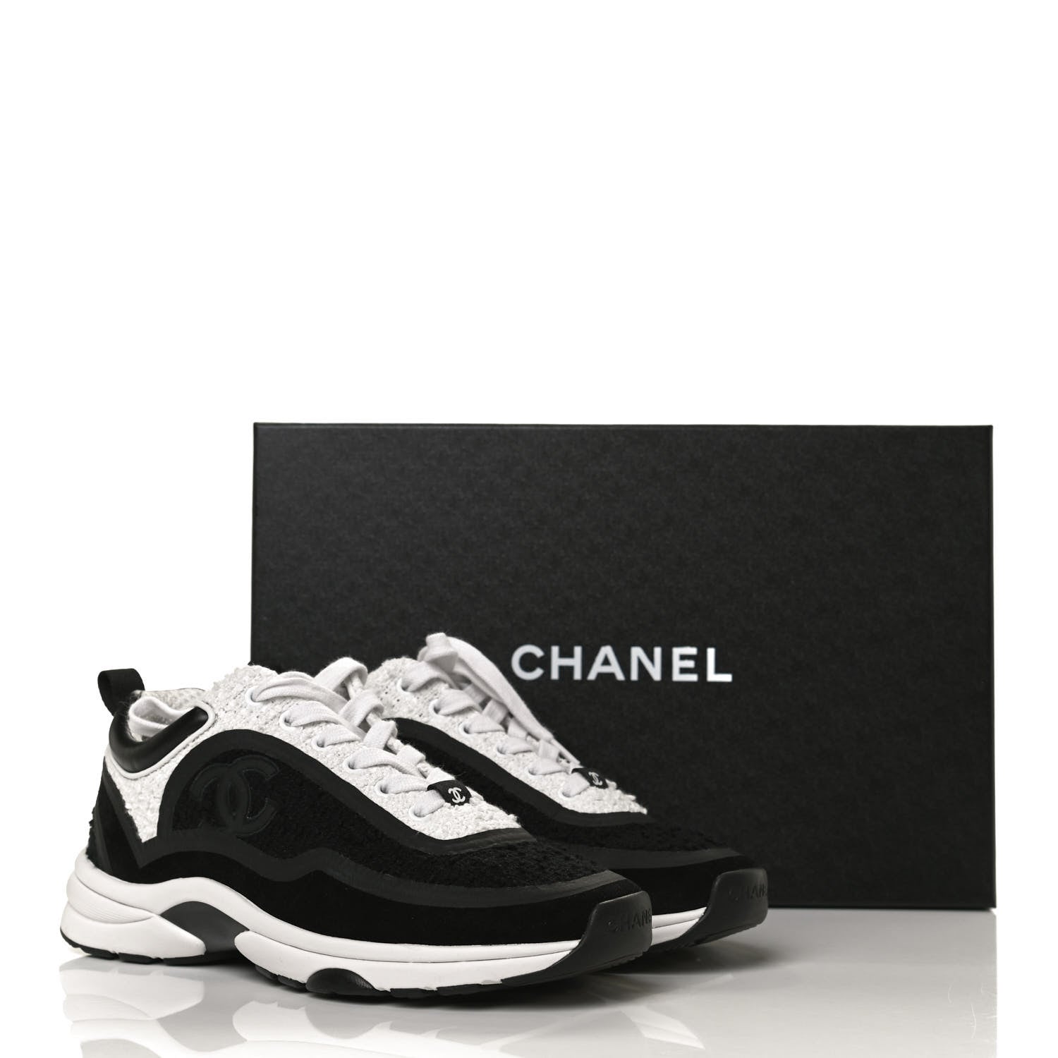 Chanel Tweed Suede Calfskin CC Sneakers 37 Black White 11 of 11
