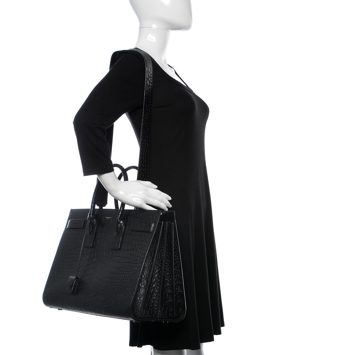 Saint Laurent Calfskin Crocodile Embossed Large Sac De Jour Carryall Black 2 of 9