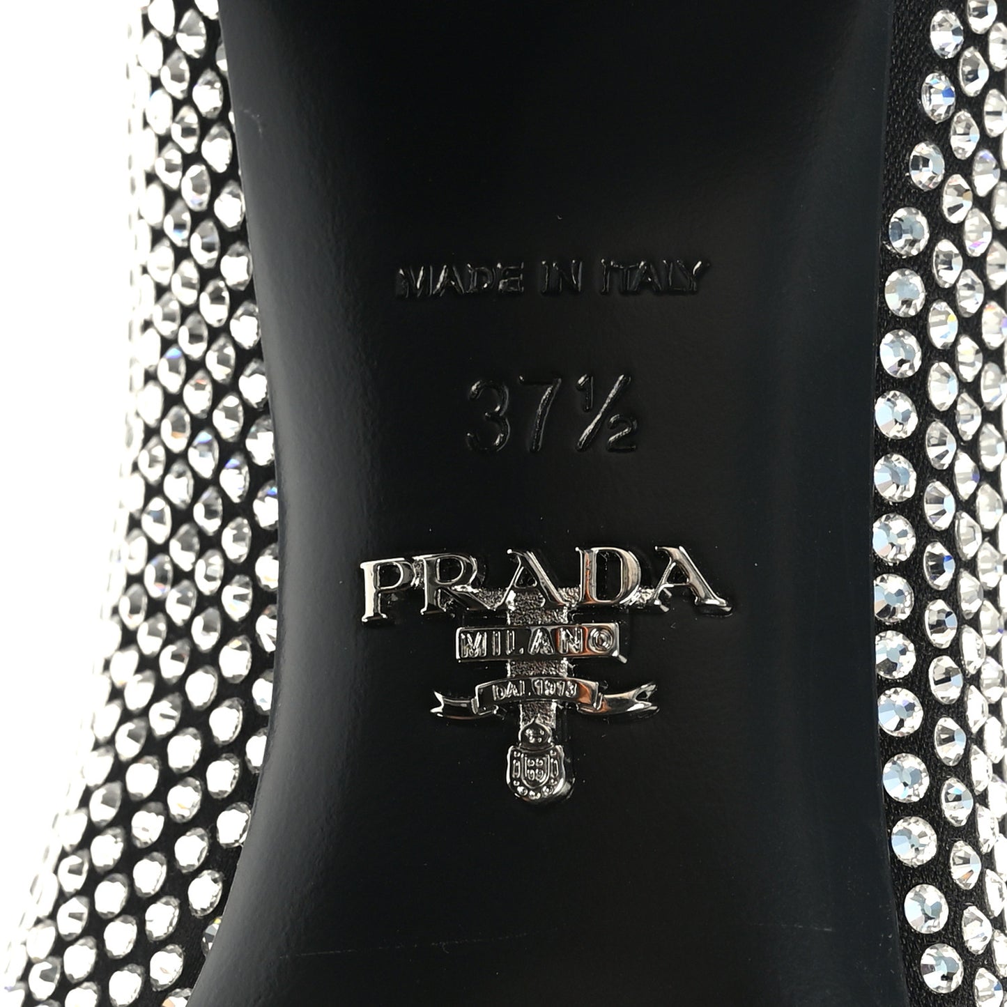 Satin Crystal Embellished Womens Metal Triangle Logo 50mm Loafers 37.5 Crystal