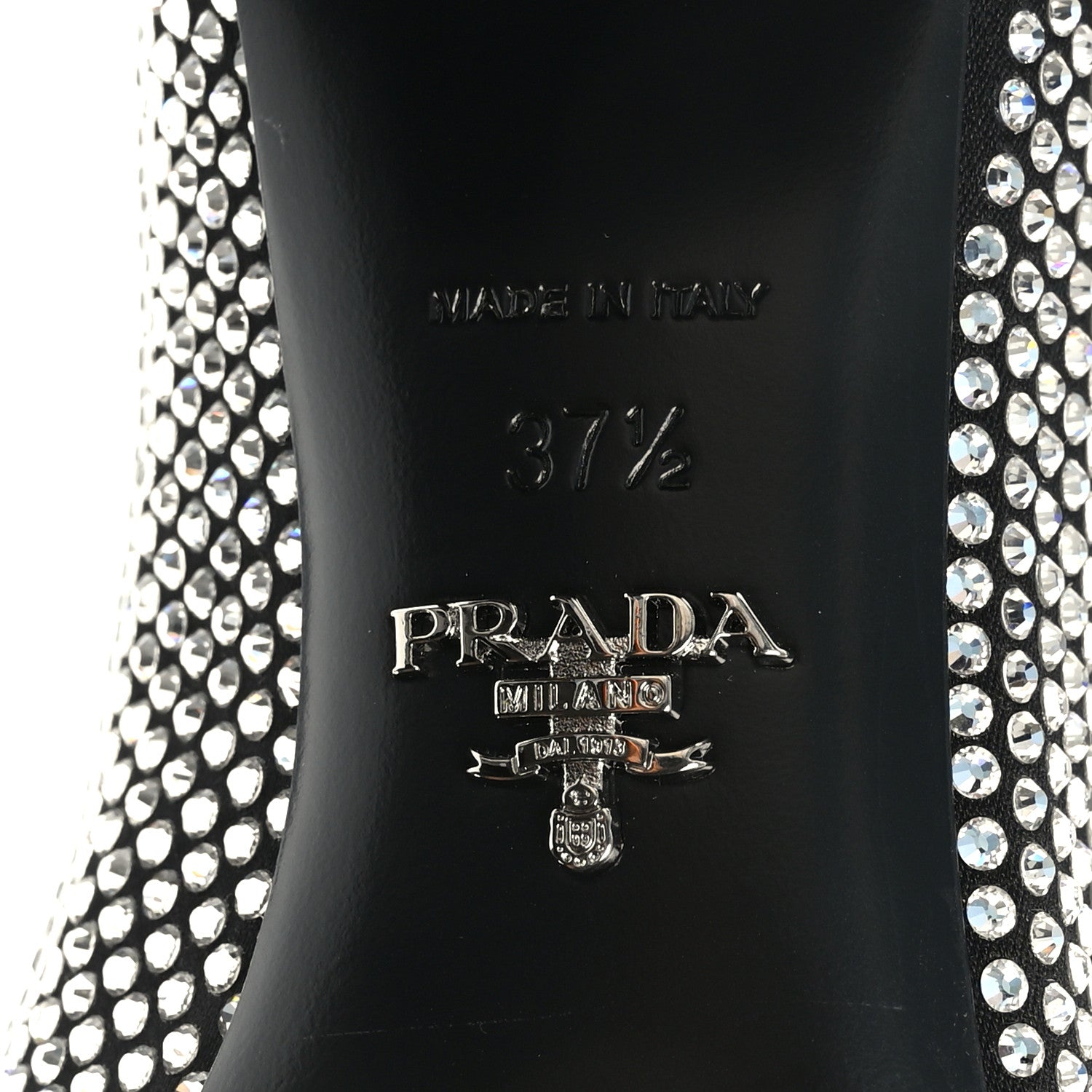 Prada Satin Crystal Embellished Womens Metal Triangle Logo 50mm Loafers 37.5 Crystal 7 of 8