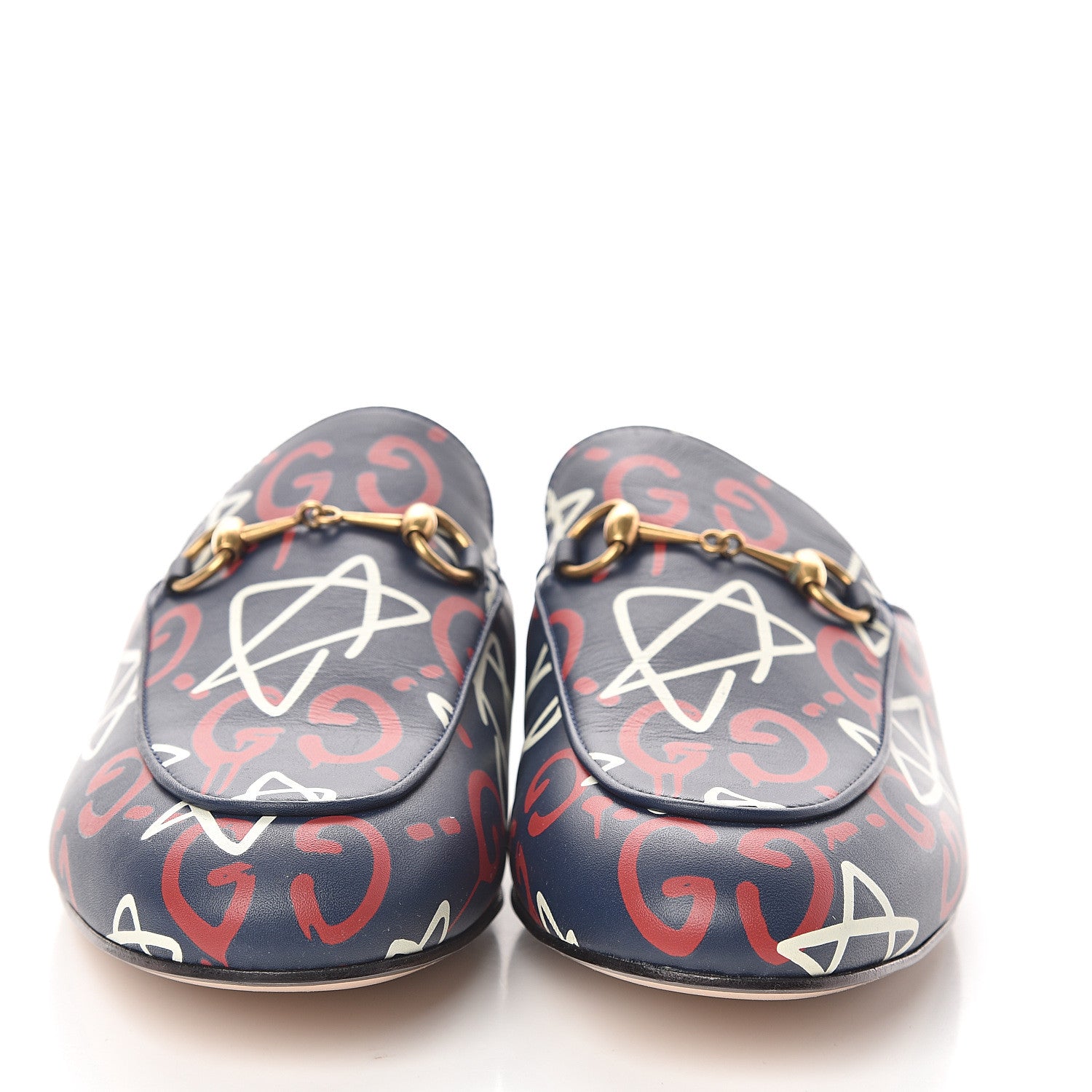 Gucci Calfskin GucciGhost Print Womens Princetown Slippers 40 Blue Agata Hibiscus Red 2 of 7