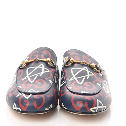 Gucci Calfskin GucciGhost Print Womens Princetown Slippers 40 Blue Agata Hibiscus Red 2 of 7