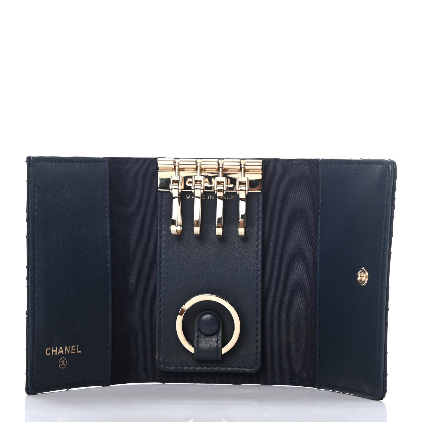 Lambskin Camellia Embossed 4 Key Holder Navy