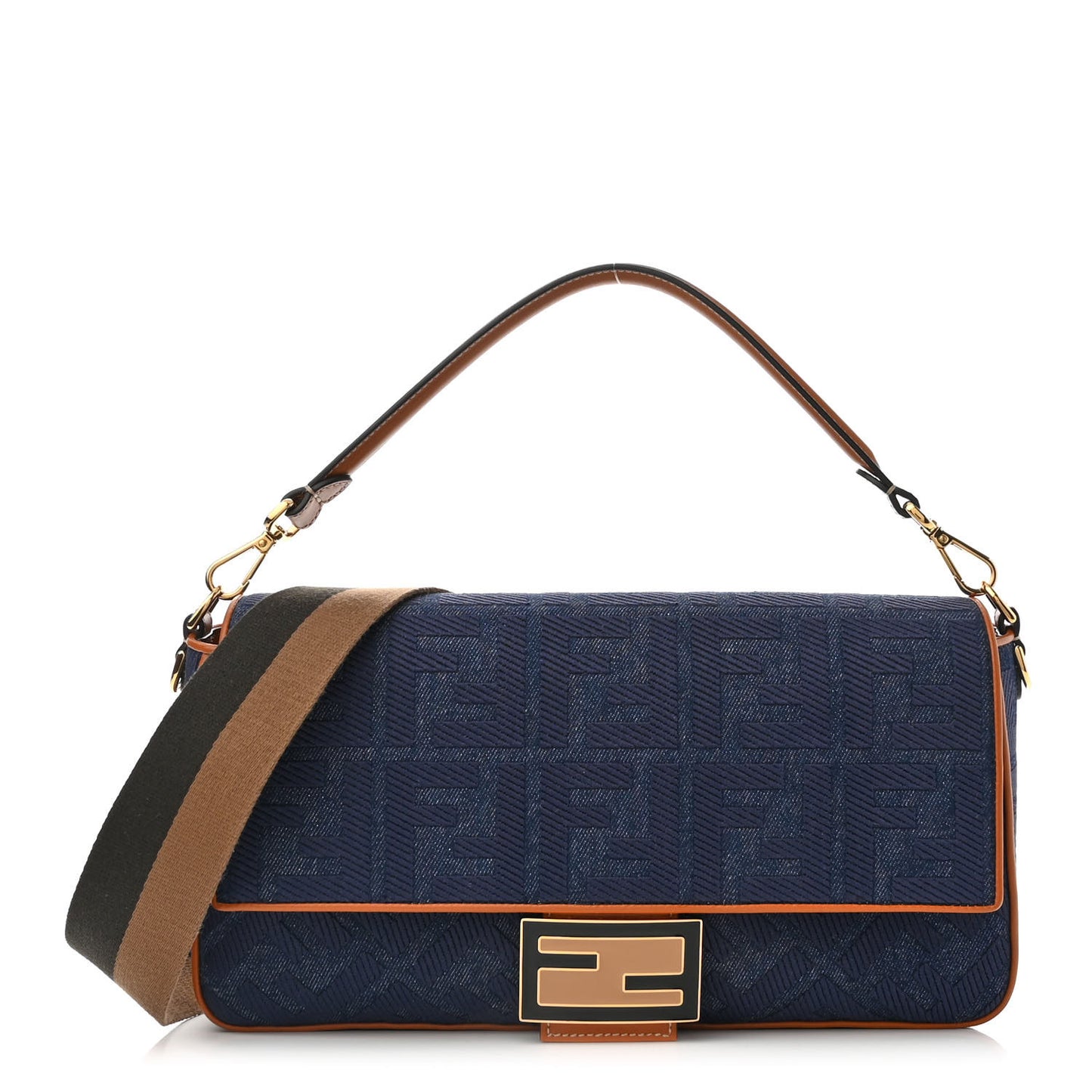 Denim Vitello King FF Embroidered Large Baguette Blue Cuoio