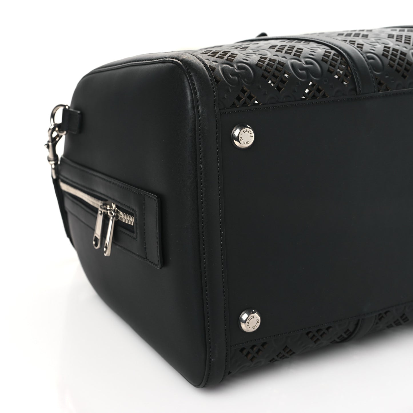 Calfskin Cut Out GG Embossed Medium Duffle Bag Black