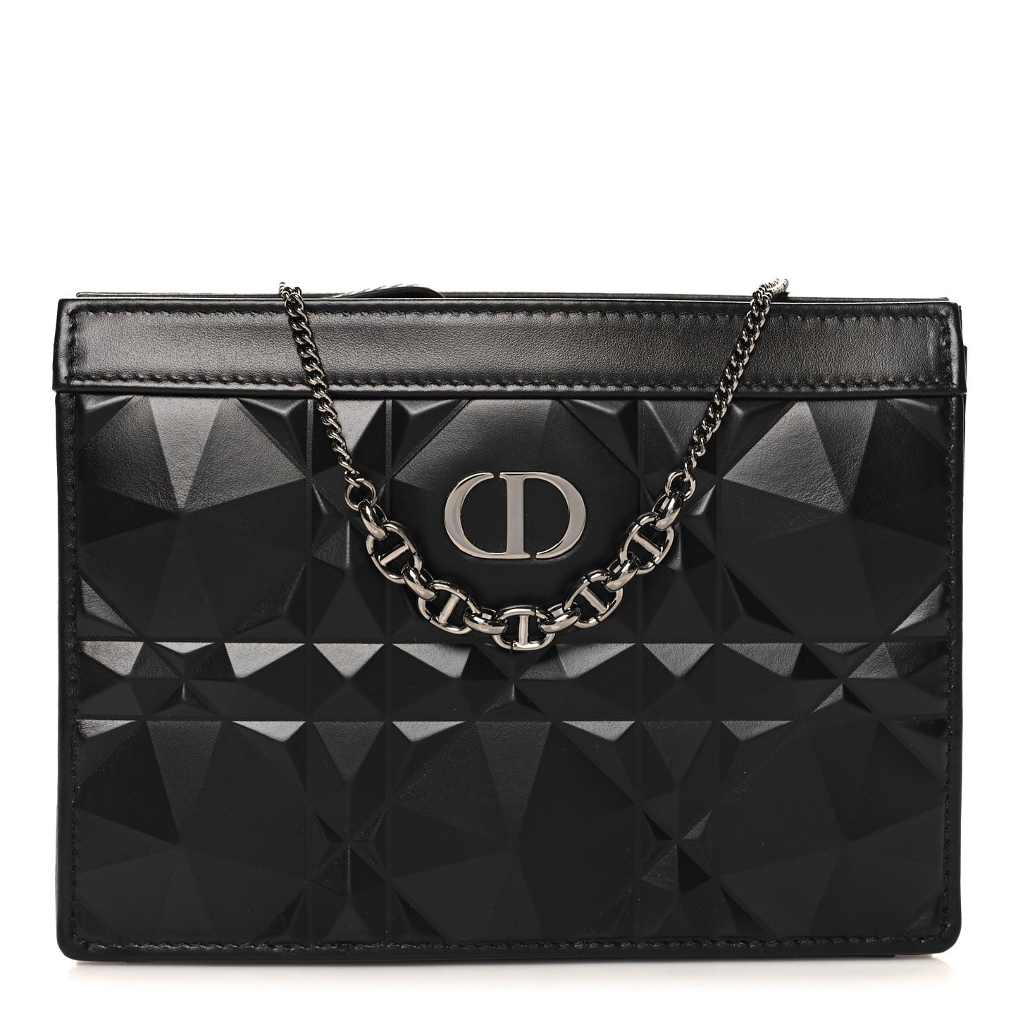 Calfskin Macrocannage Diamond Caro Zipped Pouch With Chain Black