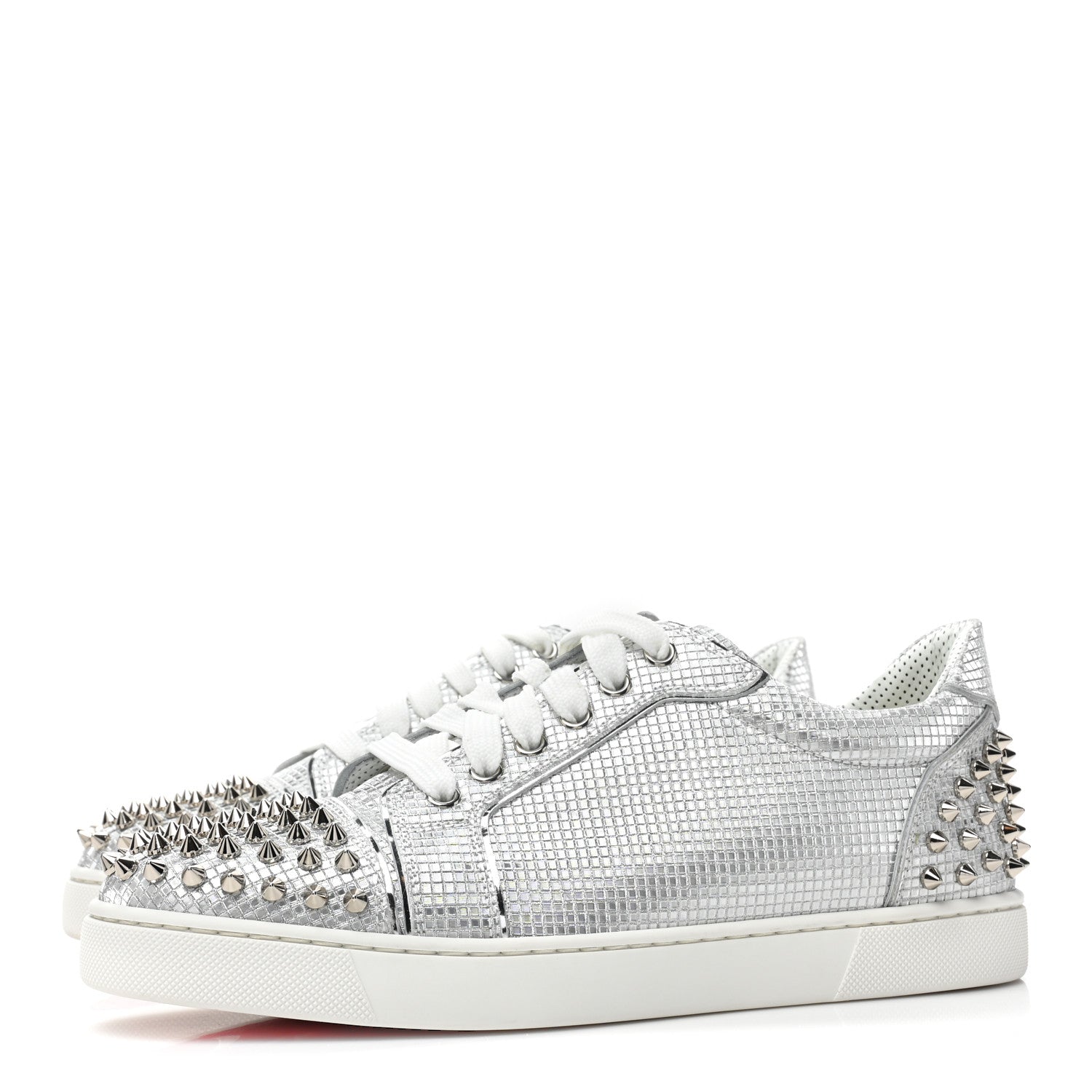 Christian Louboutin Glitter Metallic Calfskin Spikes Vieira 2 Flat Sneakers 40 Silver 3 of 13