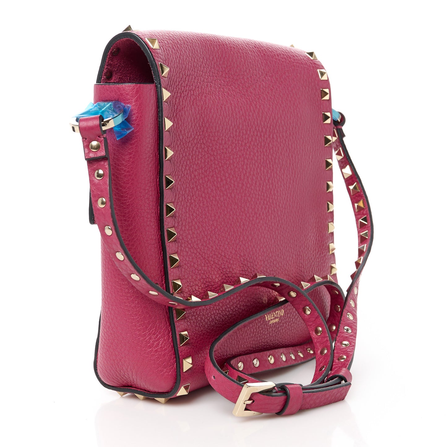 Pebbled Calfskin Rockstud Flip Lock Flap Messenger Raspberry