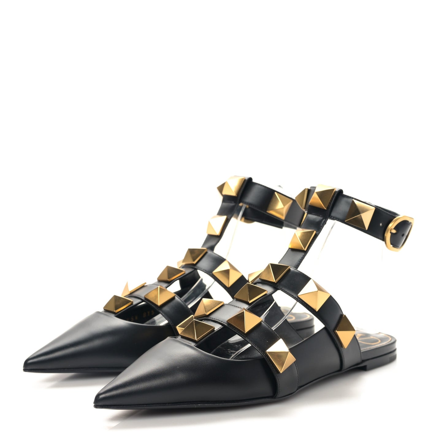 Calfskin Roman Stud Ankle Strap Flat Mules 38.5 Black