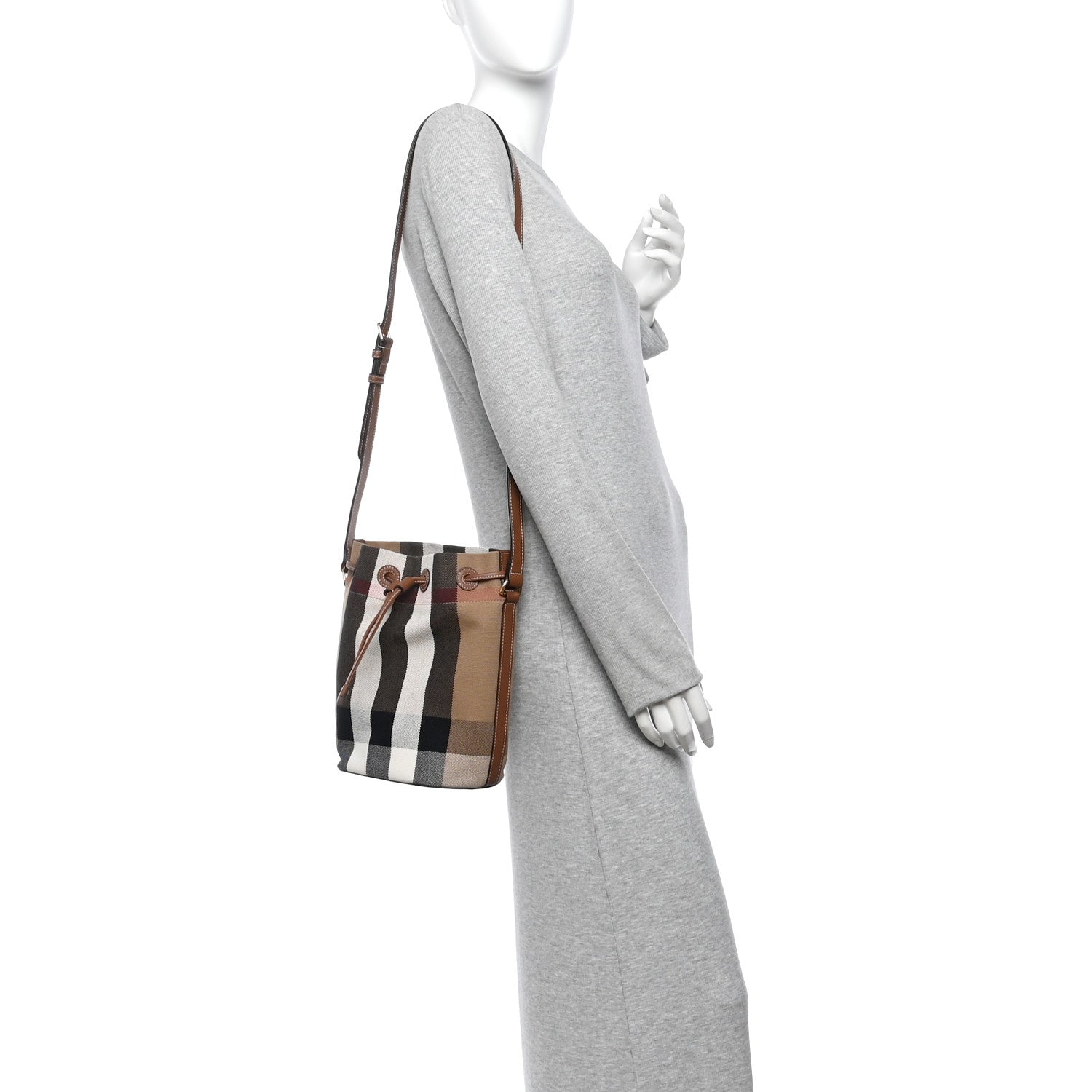 Burberry Giant Check Canvas Small Bucket Bag Taupe Brown 2 of 11