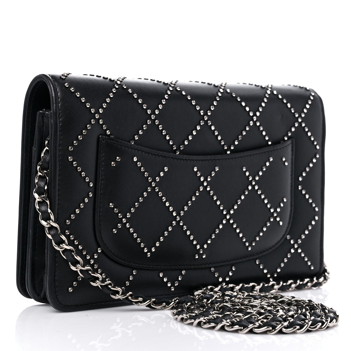 Lambskin Crystal Quilted Wallet On Chain WOC Black