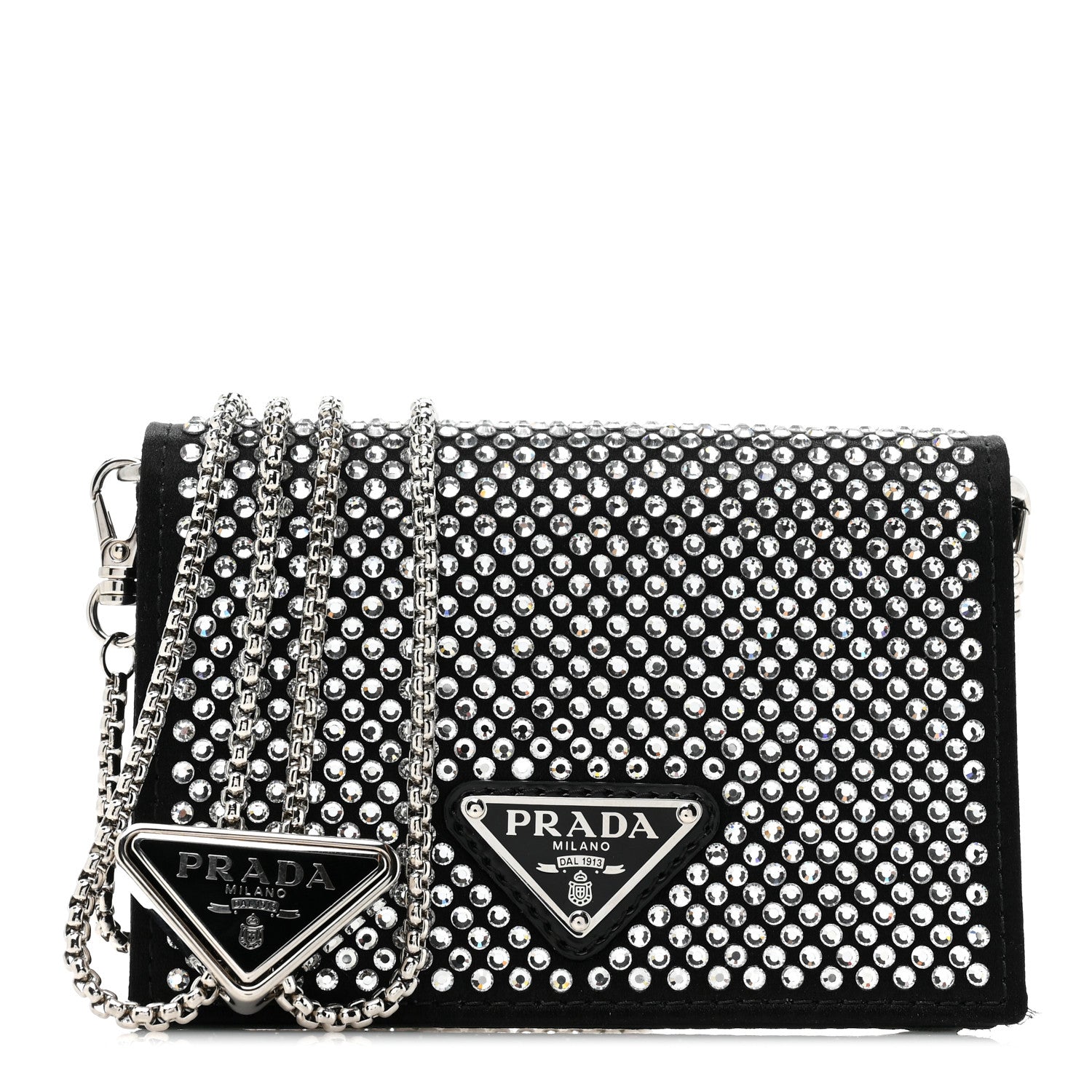 Prada Satin Crystal Metal Triangle Logo Card Holder With Strap Cristal 1 of 10