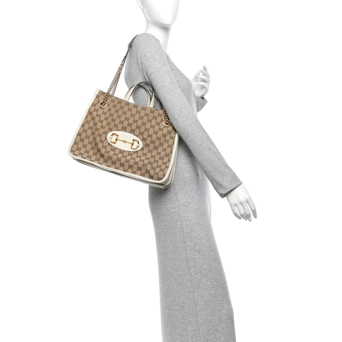 Gucci Monogram Calfskin Medium Horsebit 1955 Tote Bag Beige Mystic White 2 of 16