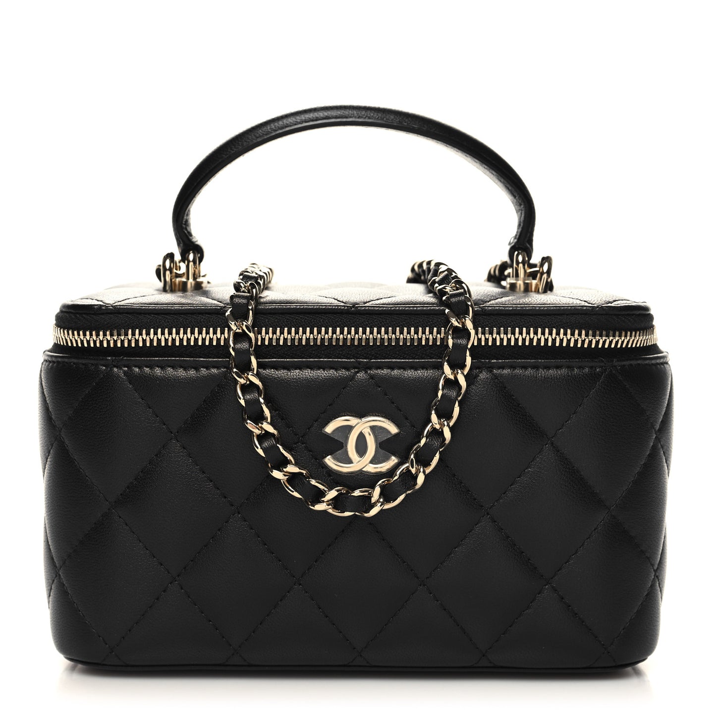 Lambskin Quilted Small Top Handle Vanity Case With Chain Black