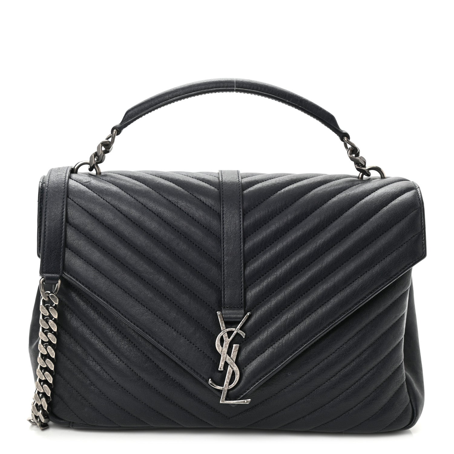 Saint Laurent Sheepskin Matelasse Chevron Monogram Large College Satchel Deep Marine 1 of 9