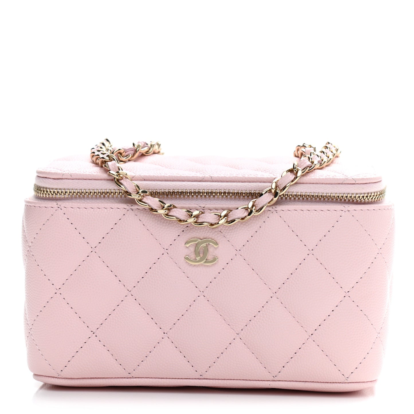 Caviar Quilted Small Vanity Case With Chain Light Pink