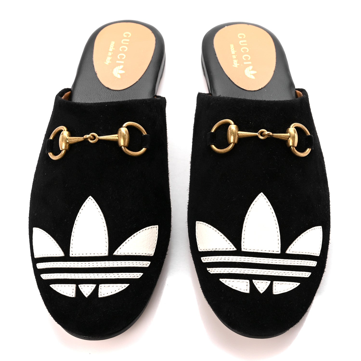 Gucci X ADIDAS Kid Scamosciato Quentin Trefoil Embroidered Womens Horsebit Slippers 36 Black Off White 3 of 10