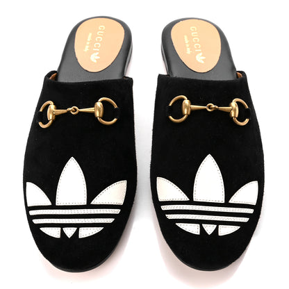 Gucci X ADIDAS Kid Scamosciato Quentin Trefoil Embroidered Womens Horsebit Slippers 36 Black Off White 3 of 10